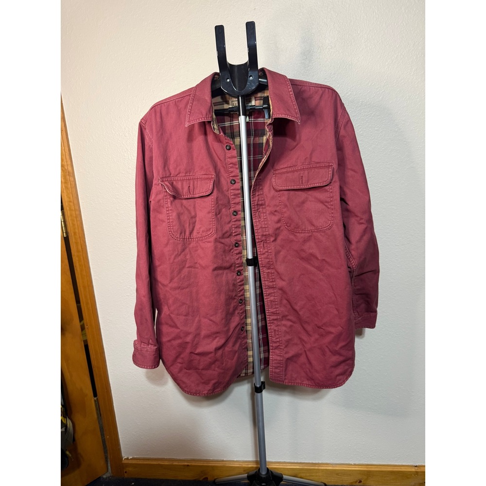 Vintage LL Bean Mens Large Flannel Lined Shirt Jacket Cotton Twill Plaid L-REG‎